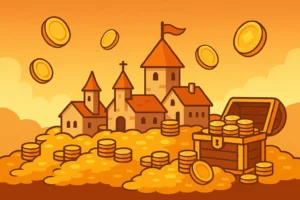 Illustration d’un village médiéval stylisé construit sur des montagnes de pièces d’or, symbolisant le coût des villages dans Coin Master