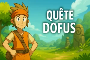Jeune aventurier prêt à relever les quêtes DOFUS dans un décor de fantasy lumineux, avec pierre magique et vallées verdoyantes en arrière-plan.