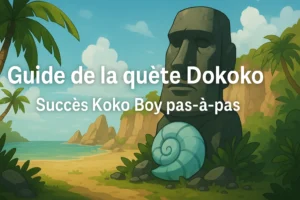 Illustration tropicale représentant une plage de l’île de Moon, avec un Moaï de pierre, un coquillage bleu et la mention “Guide de la quête Dokoko – Succès Koko Boy”.
