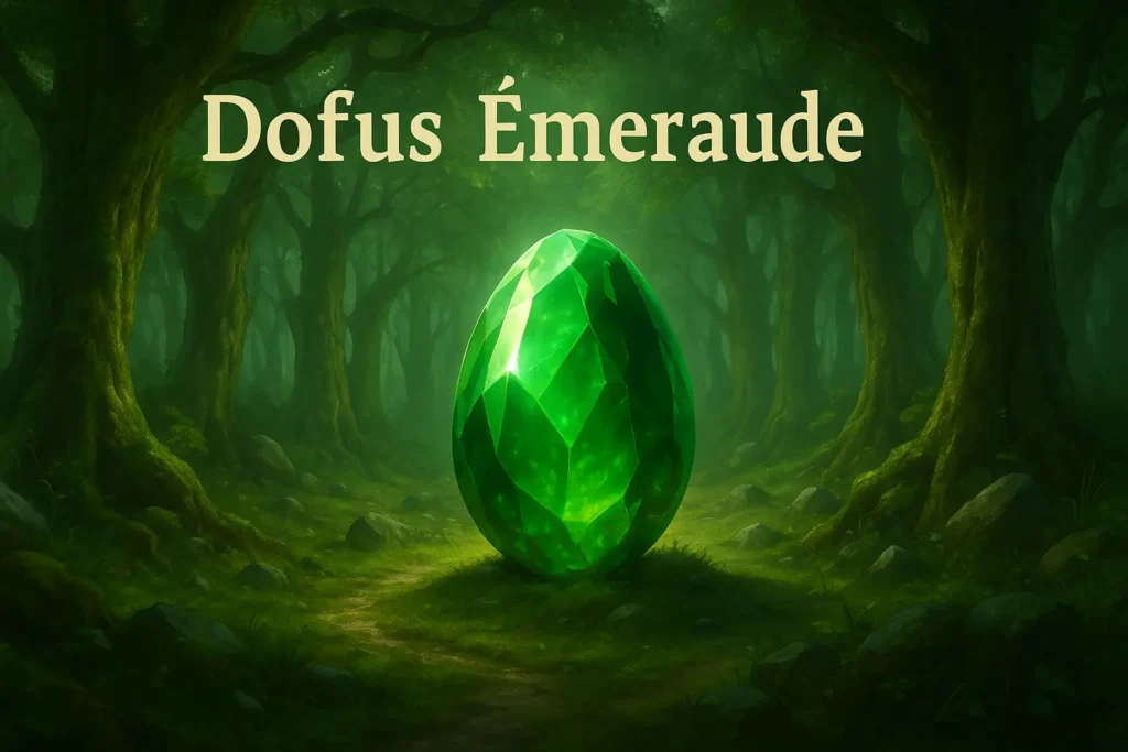 Illustration d’un œuf vert émeraude lumineux posé dans une forêt mystérieuse, symbolisant le Dofus Émeraude pour le guide de quête DOFUS.