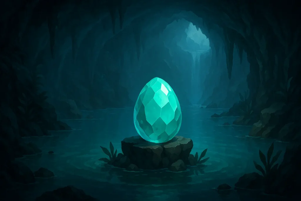 Illustration d’un œuf turquoise lumineux (Dofus Turquoise) posé sur un socle rocheux dans une grotte sous-marine aux nuances bleu-vert.