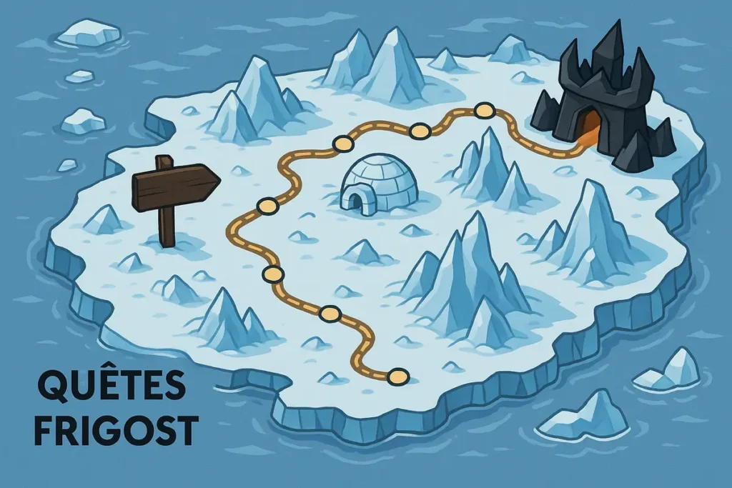 Illustration d’une carte glacée de Frigost avec un chemin tracé menant d’un panneau en bois à une forteresse noire, symbolisant la progression des quêtes Frigost.