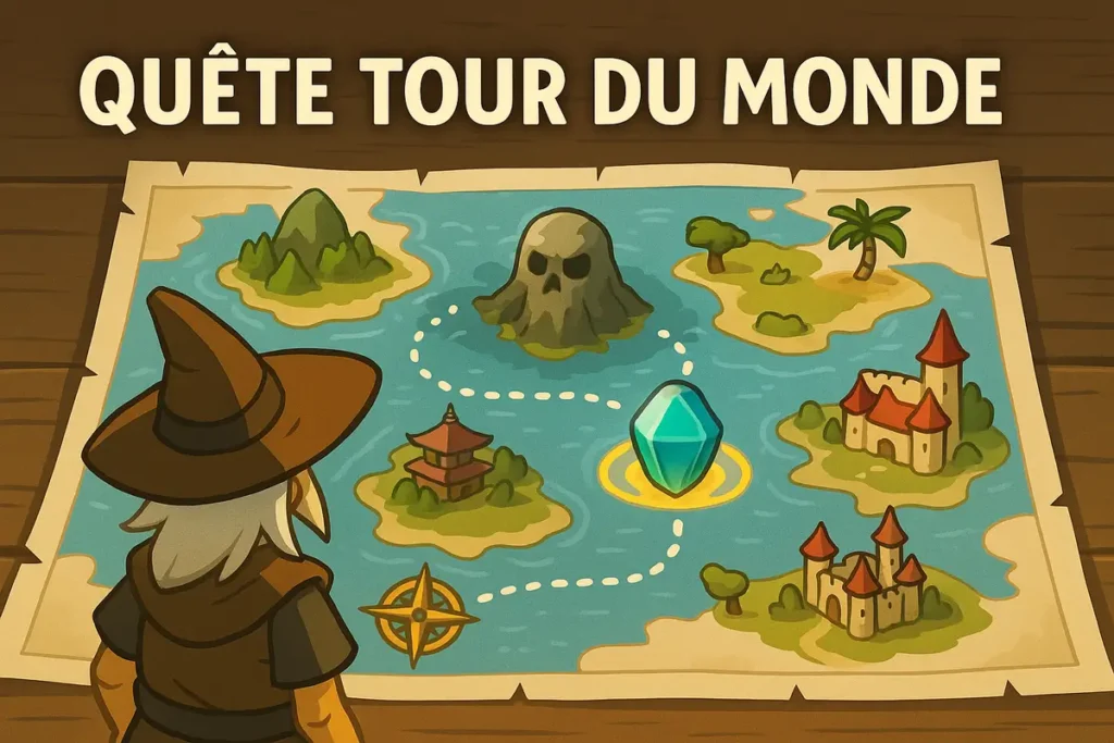 Illustration d’une carte fantasy intitulée “Quête Tour du Monde”, montrant un aventurier face à un parcours de 18 donjons menant à un joyau turquoise central.