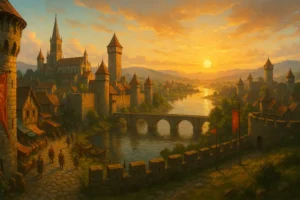 Vue panoramique d’une cité médiévale au lever du soleil, inspirée de l’univers des Royaumes Renaissants