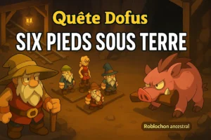 Illustration de la quête “Six pieds sous terre” dans Dofus : un groupe d’Enutrofs et un aventurier font face au Roblochon ancestral dans une mine éclairée