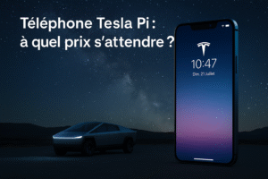 Téléphone Tesla Pi posé devant un Cybertruck sous un ciel étoilé – concept futuriste illustrant son prix estimé entre 999€ et 1299€