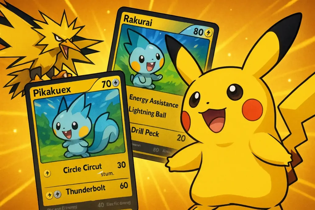 Illustration dynamique du deck Pikachu ex dans Pokémon TCG Pocket, avec Pikachu et ses cartes entourés d’éclairs