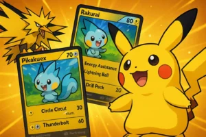 Illustration dynamique du deck Pikachu ex dans Pokémon TCG Pocket, avec Pikachu et ses cartes entourés d’éclairs