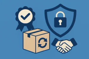 Garantie : badge avec coche, bouclier, carton de retour et poignée de main — symboles de protection et échange