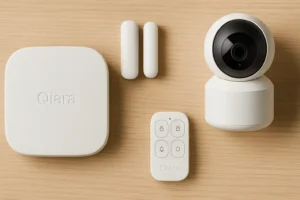 Illustration réaliste du système d’alarme maison Qiara avec hub, caméra, capteurs et télécommande posés sur une table