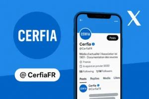 Illustration du compte officiel Cerfia sur X (Twitter) affiché sur smartphone, ambiance sérieuse et informative