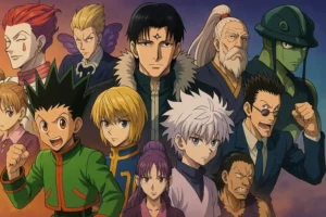 Illustration anime horizontale regroupant les personnages principaux de Hunter x Hunter comme Gon, Killua, Kurapika, Leorio, Hisoka, Chrollo et Meruem dans une ambiance épique