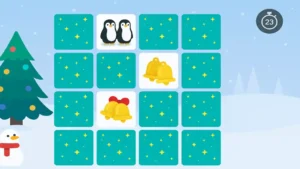 Illustration festive du jeu de mémoire Google Santa Tracker avec cartes retournées, pingouins et cloches, dans un décor enneigé