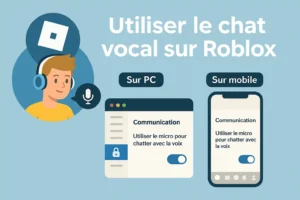 Illustration générique d’un avatar Roblox avec micro activé dans un jeu, symbolisant l’activation du chat vocal sur PC et mobile