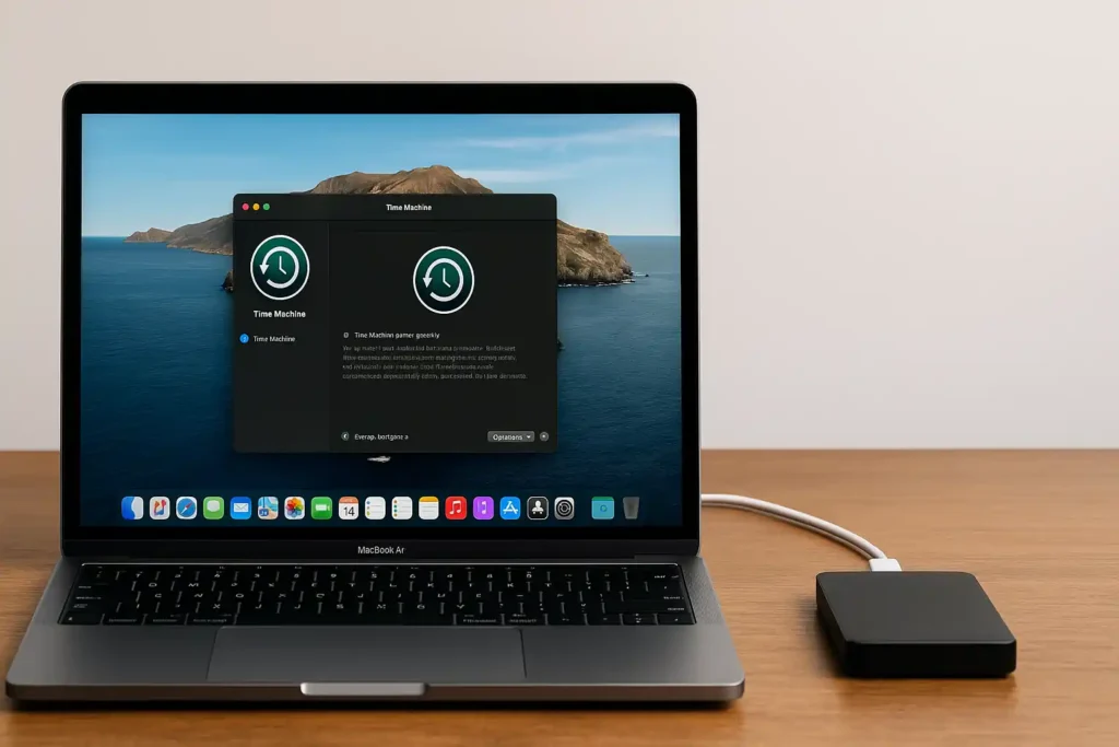 MacBook connecté à un disque dur externe posé sur un bureau, illustrant une sauvegarde Time Machine sur macOS