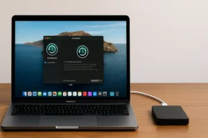 MacBook connecté à un disque dur externe posé sur un bureau, illustrant une sauvegarde Time Machine sur macOS