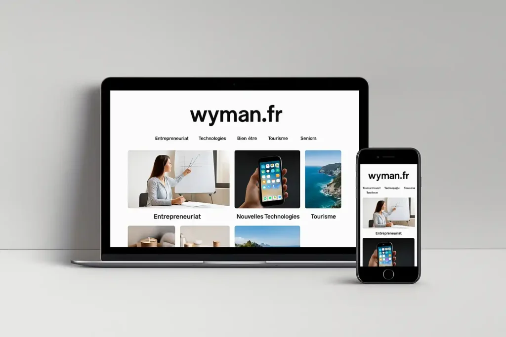Illustration générique d’un site web magazine affiché sur ordinateur portable et smartphone, représentant wyman.fr et ses rubriques thématiques