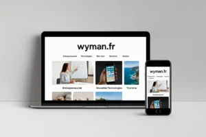 Illustration générique d’un site web magazine affiché sur ordinateur portable et smartphone, représentant wyman.fr et ses rubriques thématiques