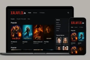Illustration générique d’une plateforme de streaming sombre affichée sur ordinateur et smartphone, symbolisant XalaFlix et ses rubriques films et séries